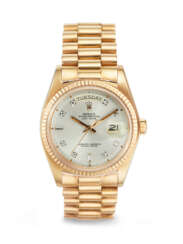 ROLEX. A VERY RARE AND ATTRACTIVE 18K PINK GOLD AND DIAMOND-SET WRISTWATCH WITH SWEEP CENTER SECONDS, DAY AND DATE