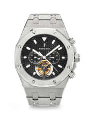 AUDEMARS PIGUET. A RARE AND IMPRESSIVE STAINLESS STEEL TOURBILLON CHRONOGRAPH WRISTWATCH WITH BRACELET