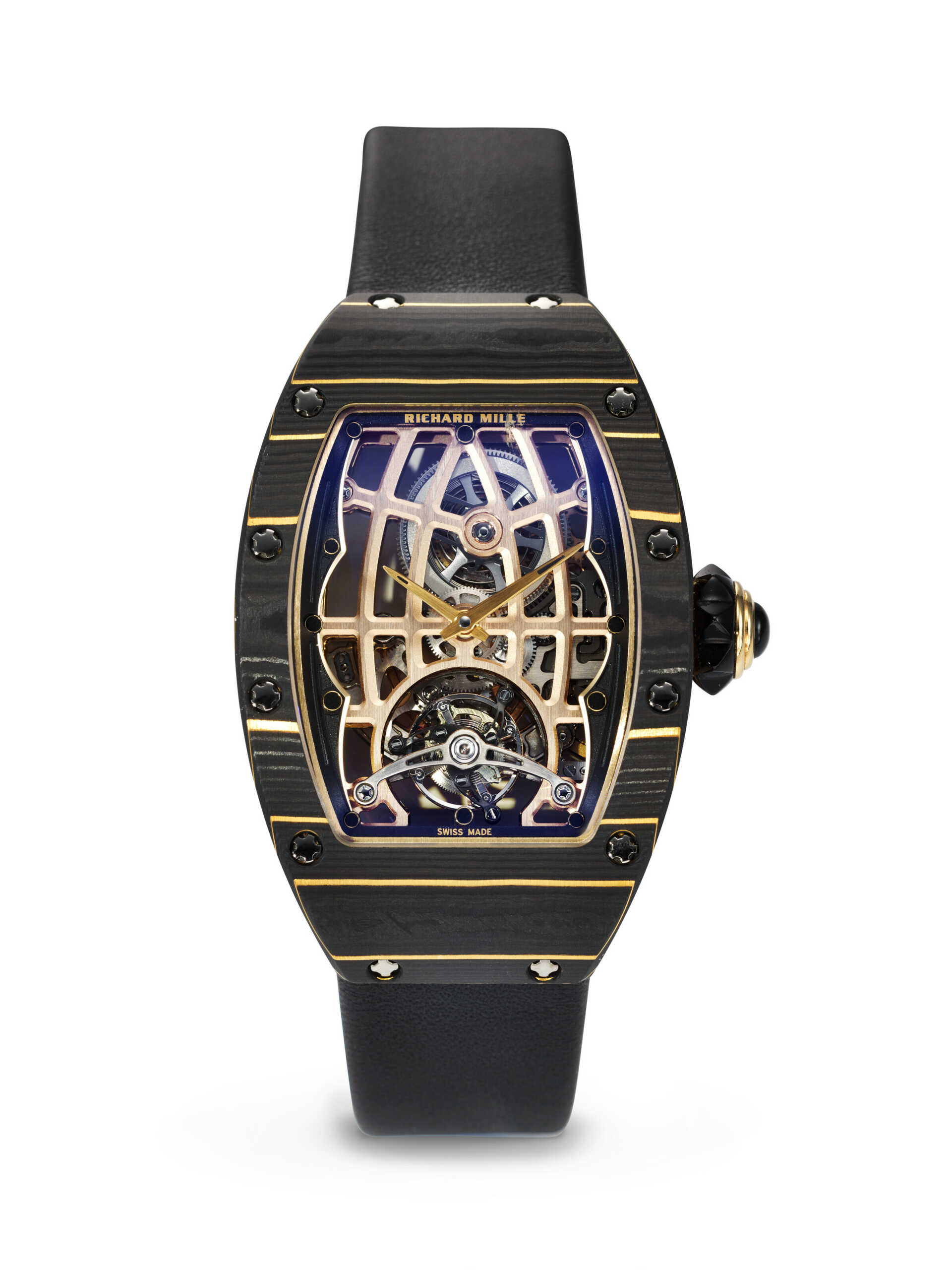 RICHARD MILLE. AN EXCEPTIONAL AND HIGHLY ATTRACTIVE GOLD CARBON TPT&#174;, 18K RED, YELLOW GOLD, AND TITANIUM ULTRA-SKELETONIZED AUTOMATIC TOURBILLON WRISTWATCH