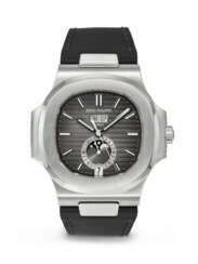 PATEK PHILIPPE. AN ATTRACTIVE STAINLESS STEEL AUTOMATIC ANNUAL CALENDAR WRISTWATCH WITH SWEEP CENTER SECONDS, MOON PHASES AND 24-HOUR INDICATION