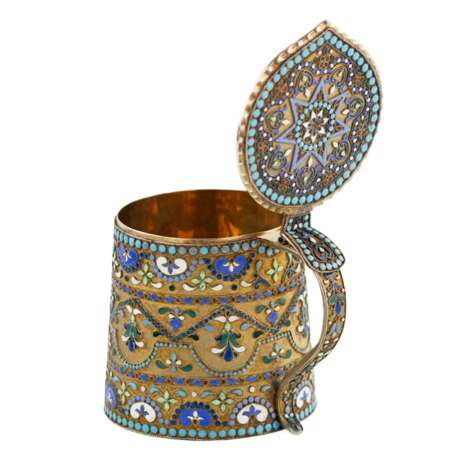 Russian silver cloisonn&eacute; enamel mug in neo-Russian style. 20th century. Silver 84 Cloisonné enamel Gilding Neo-Russian 20th century - photo 4