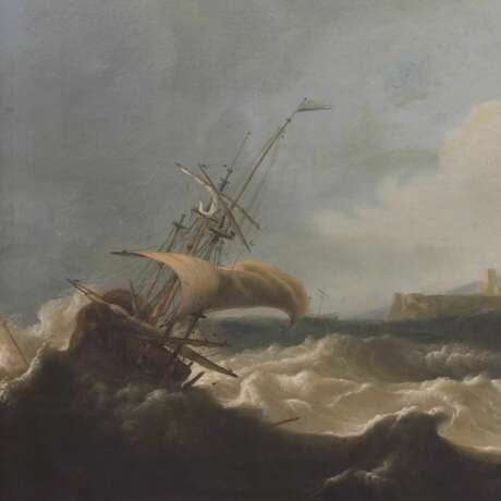 Paysage marin Mer agit&eacute;e avec voiliers. 18e - 19e si&egrave;cle. Canvas oil Baroque At the turn of the 18th -19th century - photo 3