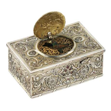 Silver music box with gilding and stones with a singing bird. Karl Griesbaum. 1930s. Silver gilding 20th century - photo 1
