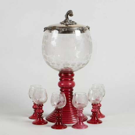 Крюшонница с шестью бокалами Glass and silver-plated metal Jugendstil At the turn of 19th -20th century г. - фото 1