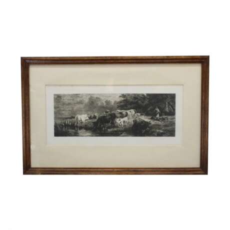 Гравюра Коровы на водопое Engraving 19th century г. - фото 1