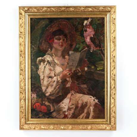 Painting Lady with a Parrot Canvas oil 20th century - photo 1