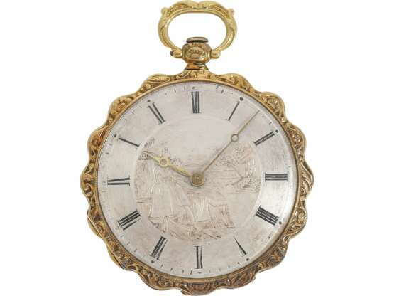 Taschenuhr/Anhängeuhr: exquisite Lepine mit seltenem gravierten Zifferblatt, bedeutender Uhrmacher, Antide Janvier, Horloger Mécanicien du Roy, Au(x) Louvre No. 5188, ca.1825 - фото 1
