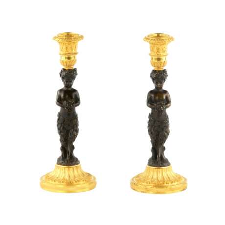 Pair of bronze French candlesticks in the form of fauns mid-19th century. Gilded and patinated bronze Mid-19th century - photo 1