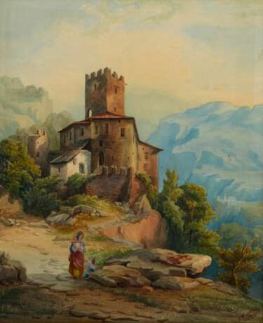 Акварель. Итальянский вид. Пейзаж в горах. watercolor Romanticism 19th century г. - фото 2
