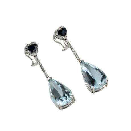 Boucles d`oreilles longues en or avec aigues-marines saphirs et diamants. Diamants 21th century - photo 3