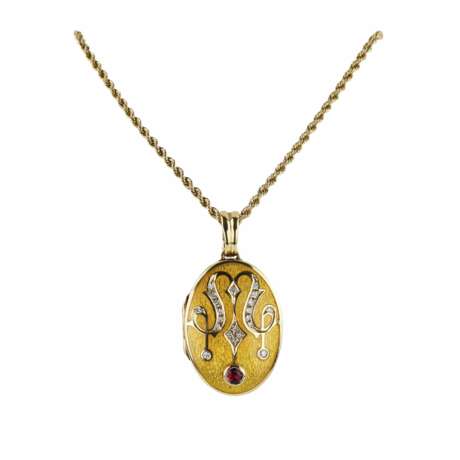 Pendentif en or sur cha&icirc;ne avec un rubis dans son ecrin d`origine. Faberge France. Rubin 21th century - Foto 1