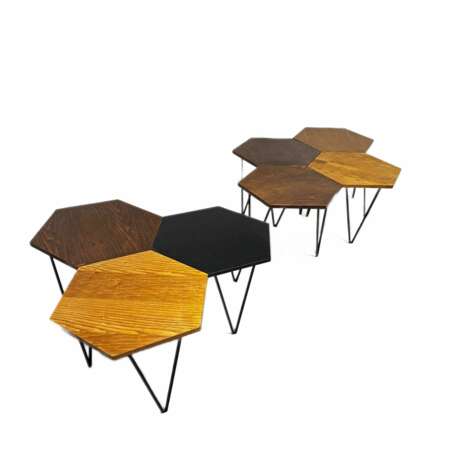 Gio Ponti pour Isa Bergame. Sept tables basses en nid d`abeille hexagonales design annees 50. Wood metal Design of 50-60’s 20th century - Foto 2