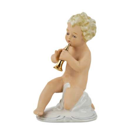 A figurine of a putti playing music on a pipe. Porcelain Hand Painted Gilding Baroque Mid-20th century - photo 1
