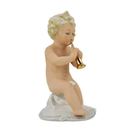 A figurine of a putti playing music on a pipe. Porcelain Hand Painted Gilding Baroque Mid-20th century - photo 2