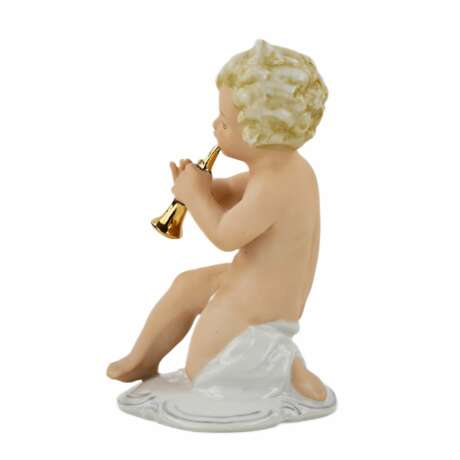 A figurine of a putti playing music on a pipe. Porcelain Hand Painted Gilding Baroque Mid-20th century - photo 4