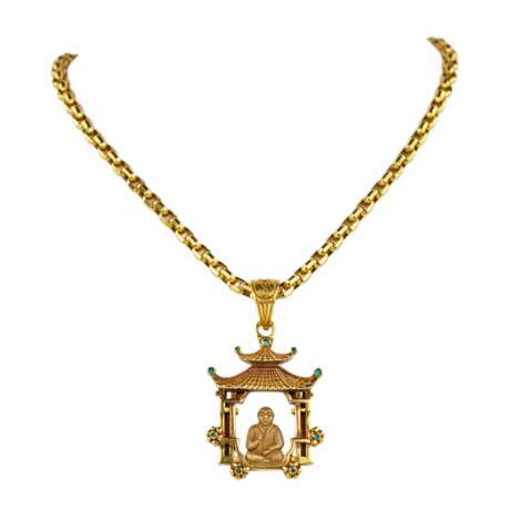 Золотая цепочка с медальоном в виде пагоды и медитирующим Буддой Золото 14K Chinoiserie 21th century г. - фото 1