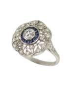 Product catalog. Art Deco style ring in 900 platinum with diamonds and sapphires. 