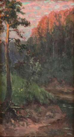 Paysage au coucher du soleil sur la rivi&egrave;re. Russie 20e si&egrave;cle. Oil on wood panel realism 20th century - Foto 2