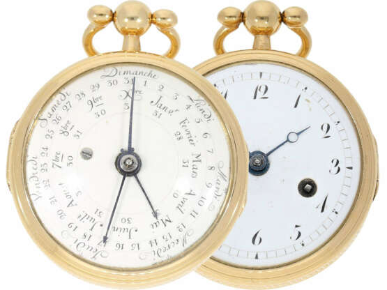 Taschenuhr: sehr seltene, goldene astronomische Spindeluhr mit doppelseitigem Zifferblatt und Vollkalender mit 3 zentralen Zeigern, zugeschrieben L'Epine, Horloger du Roy a Paris, ca.1780 - фото 1