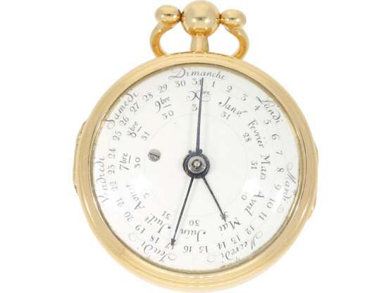Taschenuhr: sehr seltene, goldene astronomische Spindeluhr mit doppelseitigem Zifferblatt und Vollkalender mit 3 zentralen Zeigern, zugeschrieben L'Epine, Horloger du Roy a Paris, ca.1780 - Foto 2