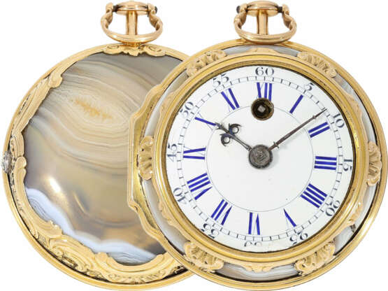 Taschenuhr: exquisite englische Taschenuhr mit Gold/Achat-Gehäuse im Stil von Louis XV, signiert Tupman London No. 1966, ca.1800 - фото 1