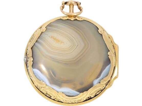 Taschenuhr: exquisite englische Taschenuhr mit Gold/Achat-Gehäuse im Stil von Louis XV, signiert Tupman London No. 1966, ca.1800 - Foto 5