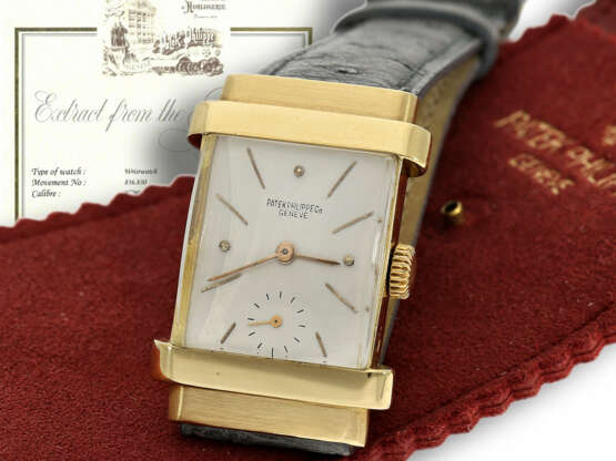 Armbanduhr: sehr seltene Patek Philippe Herrenuhr aus dem Jahr 1944, gesuchte Referenz 1450, sog. "TOP HAT", mit Stammbuchauszug und PP Etui - photo 1