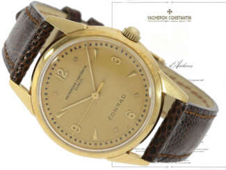 Armbanduhr: sehr seltene Vacheron & Constantin Herrenuhr der Referenz 6113 mit Zentralsekunde, "Guilloche-Dial" und Doppelsignatur, No. 348302 von 1956, mit Stammbuchauszug