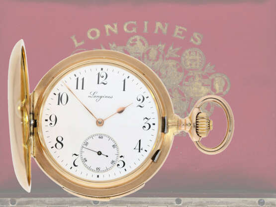 Taschenuhr: exquisite, besonders schwere Longines Goldsavonnette mit Minutenrepetition und Originalbox, ca. 1900 - photo 1