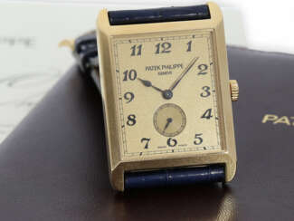 Armbanduhr: ausgesprochen große, rechteckige 18K Gold Herrenarmbanduhr Patek Philippe "Gondolo Rectangulaire Jumbo", Ref.5109J, aus dem Jahr 2005, exzellenter Erhaltungszustand, mit Papieren