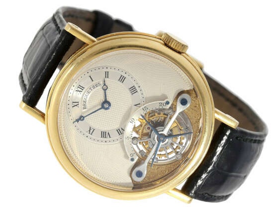 Armbanduhr: außergewöhnliche und sehr hochwertige 18K Gold Herrenarmbanduhr "Breguet Tourbillon Ref.3350 BA 12 286", No.225 E, aus dem Jahr 1993, mit Box & Papieren - Foto 1