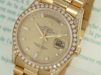 Armbanduhr: sehr luxuriöse 18K Gold Rolex Day-Date Ref. 18388, mit originalem Diamantbesatz, Originalpapieren und Servicebeleg 2015, LC100, aus dem Jahr 1995, Zustand wie NEU!