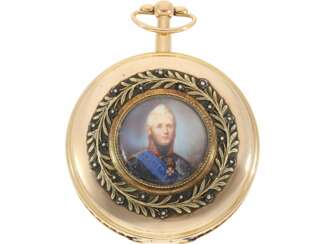 Taschenuhr: außergewöhnliche, einzigartige Goldsavonnette mit rückseitiger Emaille-Lupenmalerei, vermutlich kaiserliche Präsentuhr, Portrait von Alexander I., Zar von Rußland, Dubois et Fils No. 5600, ca.1820