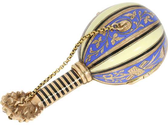 Anhängeuhr/Formuhr: Gold/Emaille-Formuhr von herausragender Qualität, die "Neapolitanische Mandoline", Paris 1830, vgl. Sammlung Sandberg S.446-447 - Foto 7