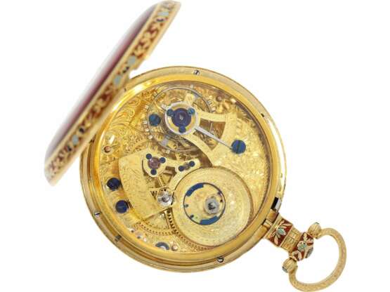 Taschenuhr: hervorragend erhaltenene und hochfeine Gold/Emaille-Taschenuhr für den chinesischen Markt, Ilbery London No. 2720, ca. 1840/50 - Foto 2