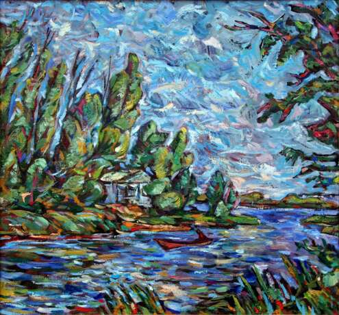 Река. Протока. Canvas Oil Impressionism Landscapes with river Russia 2014 - photo 1