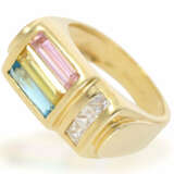 Ring: ausgefallener Goldschmiedering mit farbigen sowie farblosen Steinen, 18K Gelbgold - Foto 1
