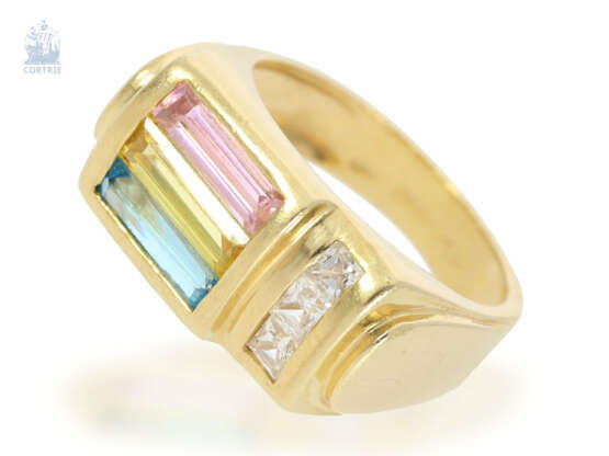 Ring: ausgefallener Goldschmiedering mit farbigen sowie farblosen Steinen, 18K Gelbgold - photo 1