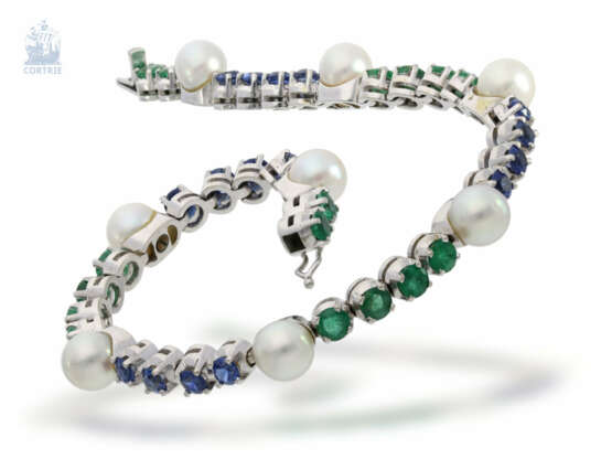 Armband: ausgefallenes Goldschmiedearmband mit Perlen, Smaragden und Saphiren besetzt, ehemals teure, solide Handarbeit aus 18K Weißgold - photo 4