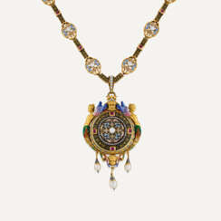 CARLO GIULIANO RENAISSANCE REVIVAL GOLD, ENAMEL AND GEM-SET WATCH/PENDENT NECKLACE