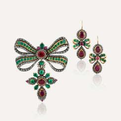 ANTIQUE RUBY, EMERALD AND DIAMOND BROOCH AND EARRING SET