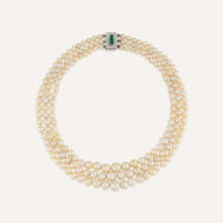 THREE ROW NATURAL AND CULTURED PEARL, EMERALD AND DIAMOND NECKLACE