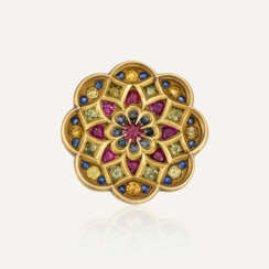 LATE 19TH CENTURY GOLD, RUBY AND COLOURED SAPPHIRE BROOCH