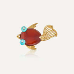 NO RESERVE | CARTIER MID 20TH CENTURY CARNELIAN, TURQUOISE AND DIAMOND FISH BROOCH