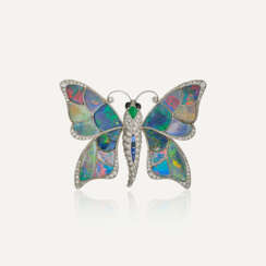 EARLY 20TH CENTURY BLACK OPAL, DIAMOND AND MULTI GEM BUTTERFLY BROOCH