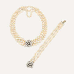 NATURAL PEARL, CULTURED PEARL AND DIAMOND NECKLACE AND BRACELET SET