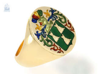 Ring: handgefertigter, aufwändig emaillierter Siegelring/Wappenring, antike Goldschmiedearbeit,18K Gold