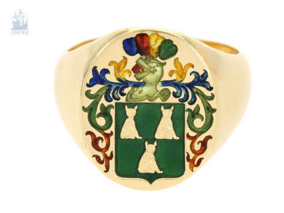 Ring: handgefertigter, aufwändig emaillierter Siegelring/Wappenring, antike Goldschmiedearbeit,18K Gold - photo 2