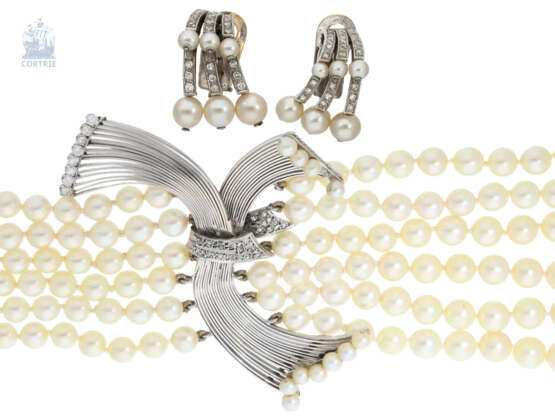Kette/Collier/Ohrschmuck: 6-reihiges vintage Diamant/Perlencollier mit prunkvollem Zwischenelement sowie Ohrclips, alte Handarbeit aus 18K Weißgold - photo 1