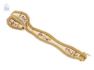 Armband: aufwändig gefertigtes vintage Goldschmiedearmband mit Diamant/Rubin-Besatz